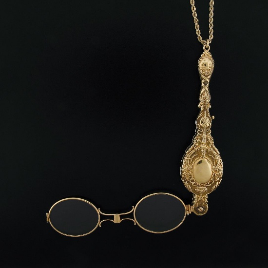 Vintage 14k Gold Collectible Lorgnette Opera Glasses & 35" Rope Chain Necklace