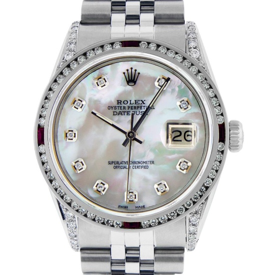 Rolex Mens Stainless Steel Diamond Lugs And Ruby Channel Set Diamond Datejust Wr