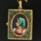Antique French 14k Gold Turquoise Enamel Portrait Hinged Locket Pendant Necklace