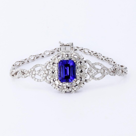 8.91 ctw Tanzanite and 3.46 ctw Diamond 14K White Gold Bracelet (GIA CERTIFIED)