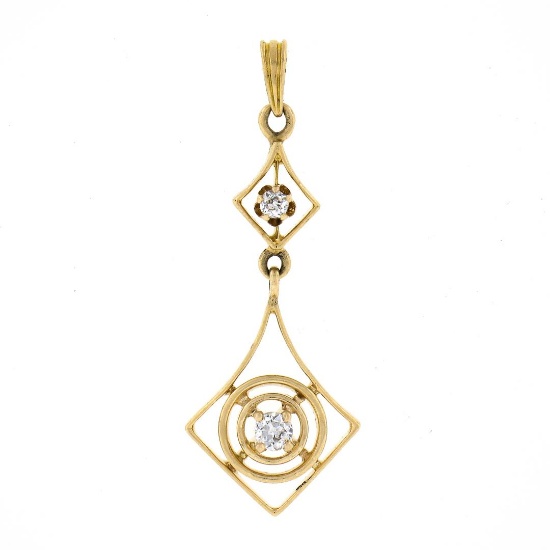 Antique 14K Gold 0.12 ctw Round Diamond Open Target Drop Dangle Lavalier Pendant