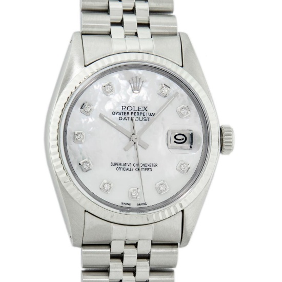 Rolex Stainless Steel 36MM White Diamond Datejust Wristwatch