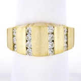Unisex 14K Gold 0.60 ctw Round Diamond Grooved Channel Brushed Wide Band Ring
