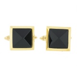 Vintage 18K Yellow Gold Pyramid Cut Bezel Black Onyx Square Swivel Cuff Links