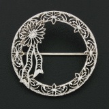 Antique Art Deco 14k White Gold Filigree Circle Wreath Floral Ribbon Brooch Pin