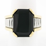 Vintage Unisex 18k Gold & Platinum Large Rectangular Black Onyx Step Design Ring