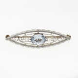 Antique Krementz Art Nouveau 14k Gold 1.25 ctw Aquamarine & Pearl Open Brooch Pi