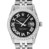 Rolex Mens Stainless Steel Black Roman Diamond Lugs Datejust Wristwatch 36MM