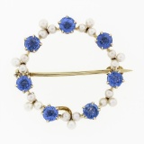 Antique Art Nouveau 14k Gold GIA Montana Sapphire & Pearl Wreath Enhancer Brooch