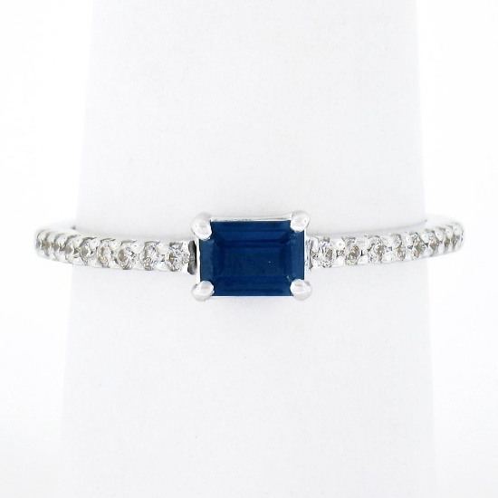 NEW 14K White Gold 0.62 ctw Rectangular Step Cut Sapphire Solitaire & Diamond Ri