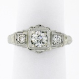 Antique Art Deco 18k Gold.70 ctw 3 Stone European Diamond Filigree Engraved Ring