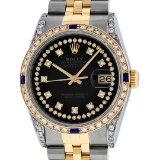 Rolex Mens Two Tone Black Diamond String Lugs And Sapphire Datejust Wristwatch