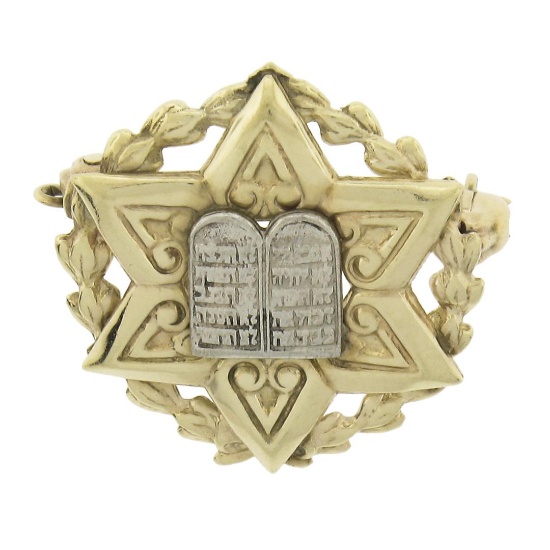 Vintage 14k Gold Star of David &Torah w/ Scroll Floral Frame Wreat Pin Brooch