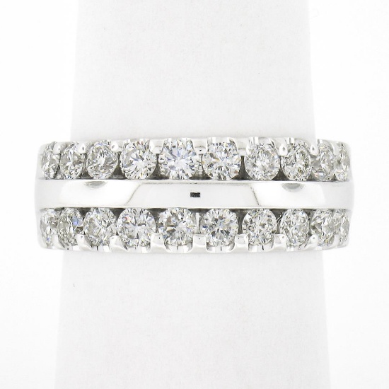 14k White Gold 1.20 ctw Dual Row Round Diamond w/ Polished Center Wide Band Ring