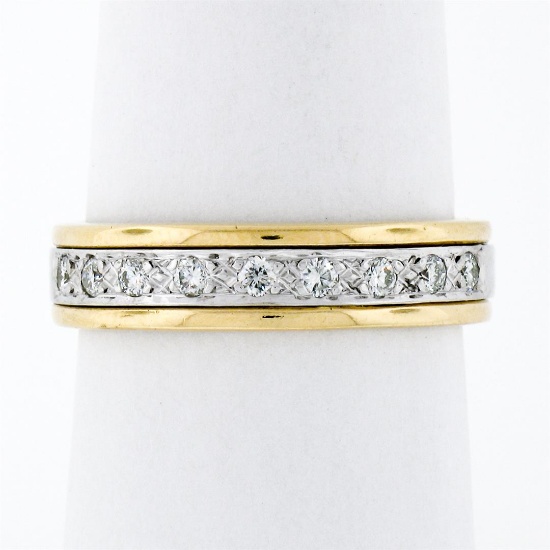 Estate Men's 14K Two Tone Gold 0.25 ctw Round Pave Set Diamond Wide Band Ring