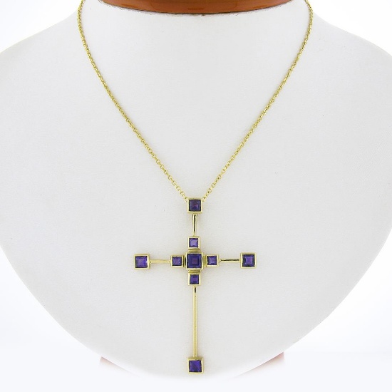 18k Yellow Gold Square Bezel Amethyst Large Geometric Cross Pendant & 14k Chain