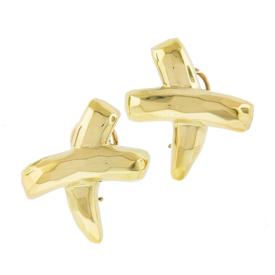 14k Yellow Gold Large Hammered Polished Finish X Statement Omega Earrings