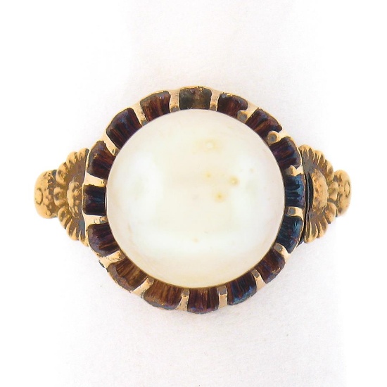 Antique Victorian 18k Yellow Gold GIA 9.46mm Pearl w/ Floral Side Solitaire Ring