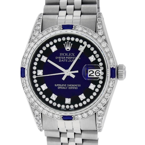 Rolex Mens Stainless Steel Diamond Lugs Blue Vignette And Sapphire Datejust Wris