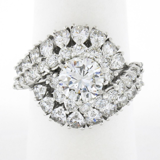 Vintage Platinum 4.58 ctw GIA Round & Pear Cut Diamond Domed Swirl Cocktail Ring
