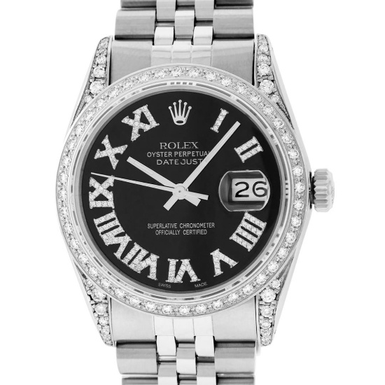 Rolex Mens Stainless Steel Black Roman Diamond Lugs Datejust Wristwatch 36MM