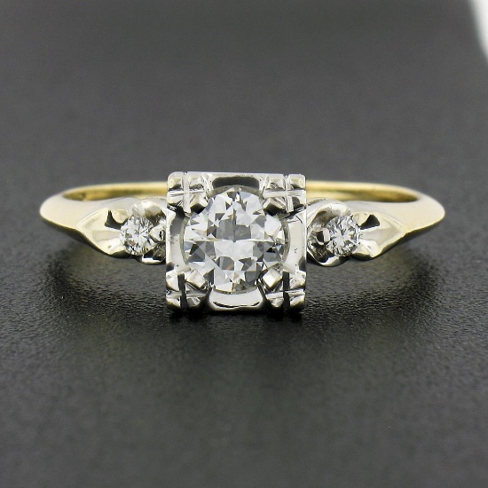 Mid Century 14K TT Gold 0.52 ctw Old European Diamond Three Stone Engagement Rin