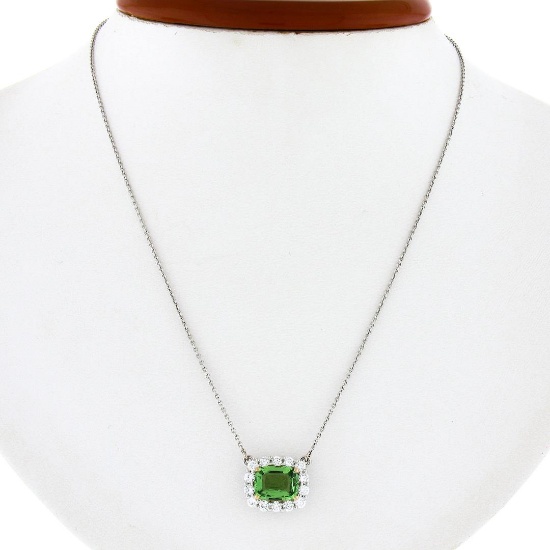 NEW Plat. 18k Gold GIA Cushion Tsavorite Solitaire Diamond Halo Pendant Necklace