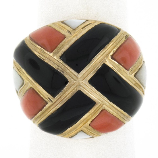 14K Yellow Gold Inlaid Black Onyx, Coral & Mother of Pearl Wide Domed Bombe Ring
