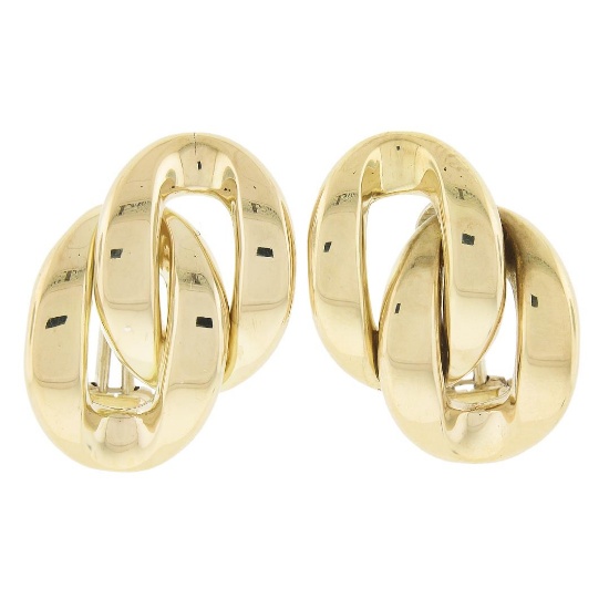 Estate Solid 18K Yellow Gold Polished Interlocking Curb Stud Post Omega Earrings