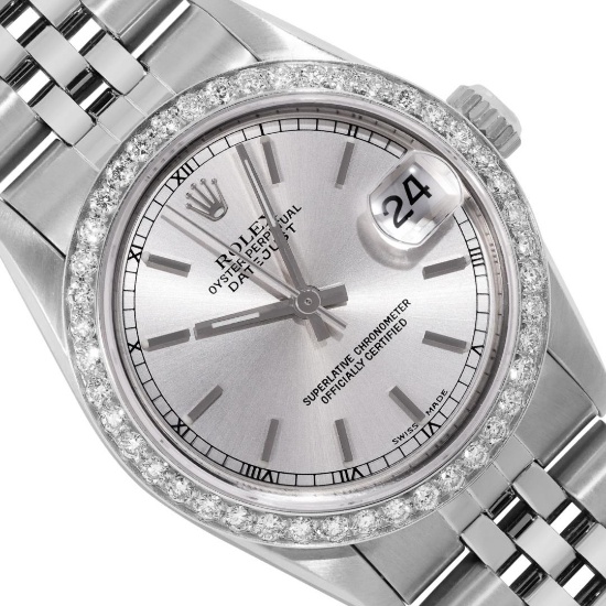 Rolex Midsize 31MM Stainless Steel Silver Index Diamond Bezel Datejust Wristwatc