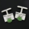 Vintage Astor 14K White Gold Oval Jade & Diamond Concave Rectangular Cufflinks