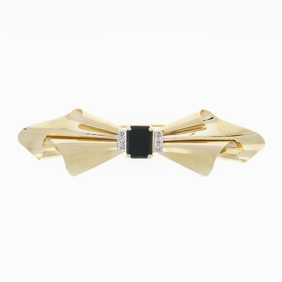 Vintage 14k Gold Black Onyx & Old Cut Diamond Long Freeform Ribbon Brooch Pin