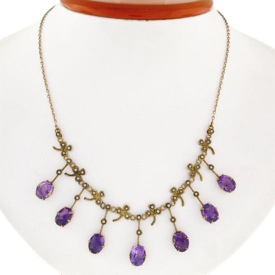 Rare Antique Victorian 14K Gold 14 ctw Oval Amethyst Pearl Fringe Collier Neckla