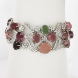 18K Gold Oval Cabochon 49.55 ctw Multi Color Tourmaline Diamond Wide Bracelet