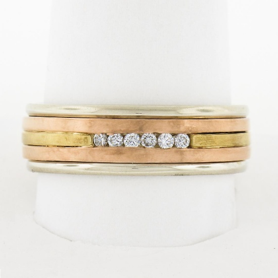 Vintage Mens 14k Multi Tone Gold 0.10 ctw Channel Set Diamond Grooved Band Ring
