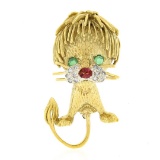 Vintage Ruth Satsky 18K Gold Emerald Tourmaline Diamond Textured Lion Brooch Pin