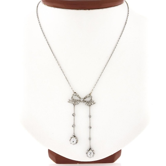 Belle Epoque French 18K White Gold European Diamond Bow Dangle Pendant Necklace