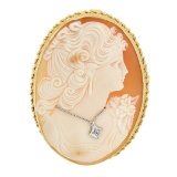 Large Vintage 14k TT Gold Carved Shell Cameo & Diamond Detailed Brooch Pendant