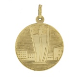 Solid 14k Yellow Gold Detailed Two Towers Medallion Charm Pendant w/ Dual Finish