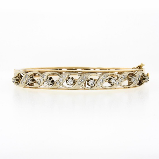 Vintage 14k Gold 0.94 ctw Round Diamond Infinity Open Work Hinged Bangle Bracele