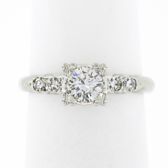 Vintage 14k White Gold 0.46 ctw Round Brilliant Diamond w/ Accents Engagement Ri