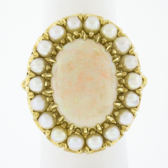 Vintage 14K Yellow Gold Oval Cabochon Opal Solitaire & Pearl Bead Cocktail Ring