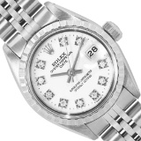 Rolex Ladies Stainless Steel White Diamond Dial Engine Turn Bezel Date Watch 26M