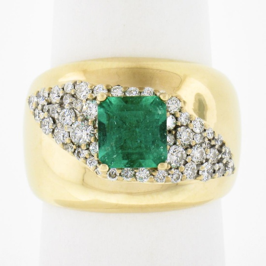 Estate 14k Gold 2 ctw Green Emerald & Diamond Wide Unique Polished Cigar Band Ri