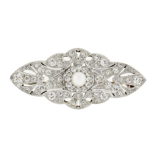 Antique Edwardian 18k & Platinum Pearl 3.6 ctw Old Cut Diamond Milgrain Pin Broo