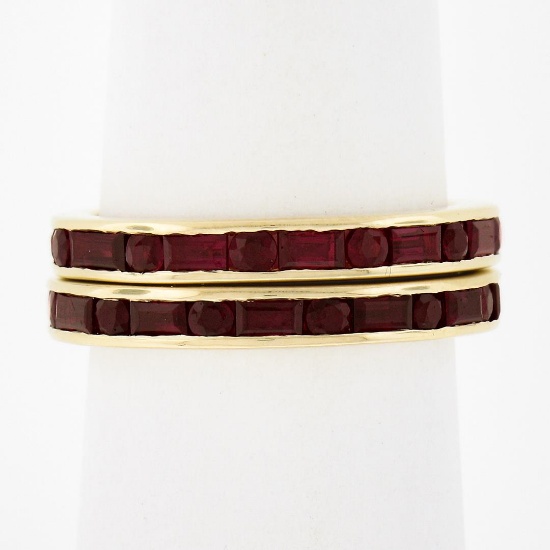 Pair of 18k Gold Channel GIA Vivid Red Burma Ruby Eternity Stack Band Guard Ring