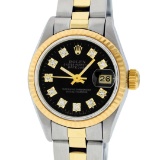 Rolex Ladies Quickset Two Tone Black Diamond Datejust With Oyster Band