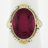 Antique Art Deco 14k Gold Oval Synthetic Ruby & Seed Pearl Floral Filigree Ring