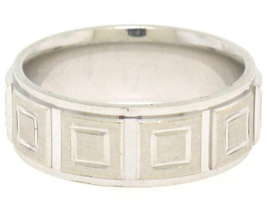 Men's 14k Solid White Gold Comfort Fit Dual Finish Coffered Band Ring Size 7
