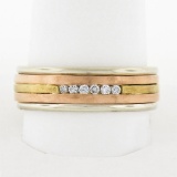 Vintage Mens 14k Multi Tone Gold 0.10 ctw Channel Set Diamond Grooved Band Ring